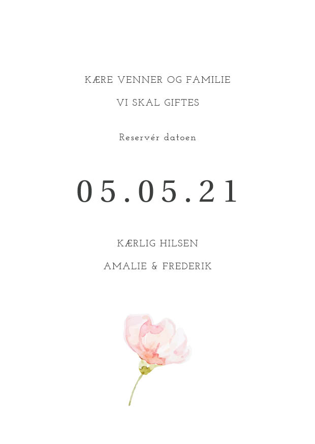 
                Romantisk Save The Date kort med rosa blomst. Passer i serien Amalie & Frederik der bla. inkluderer invitation, bordkort mm. En save the date er den perfekte måde til at sige til dine gæster at de skal sætte et kryds i kalenderen på jeres unikke dag. Til designet kommer også matchende elementer i form af invitation, velkomstskilt, salmehæfte, bordoversigt, menukort, drinkskort, takkekort mm. således I kan skabe en rød tråd for dagen.                